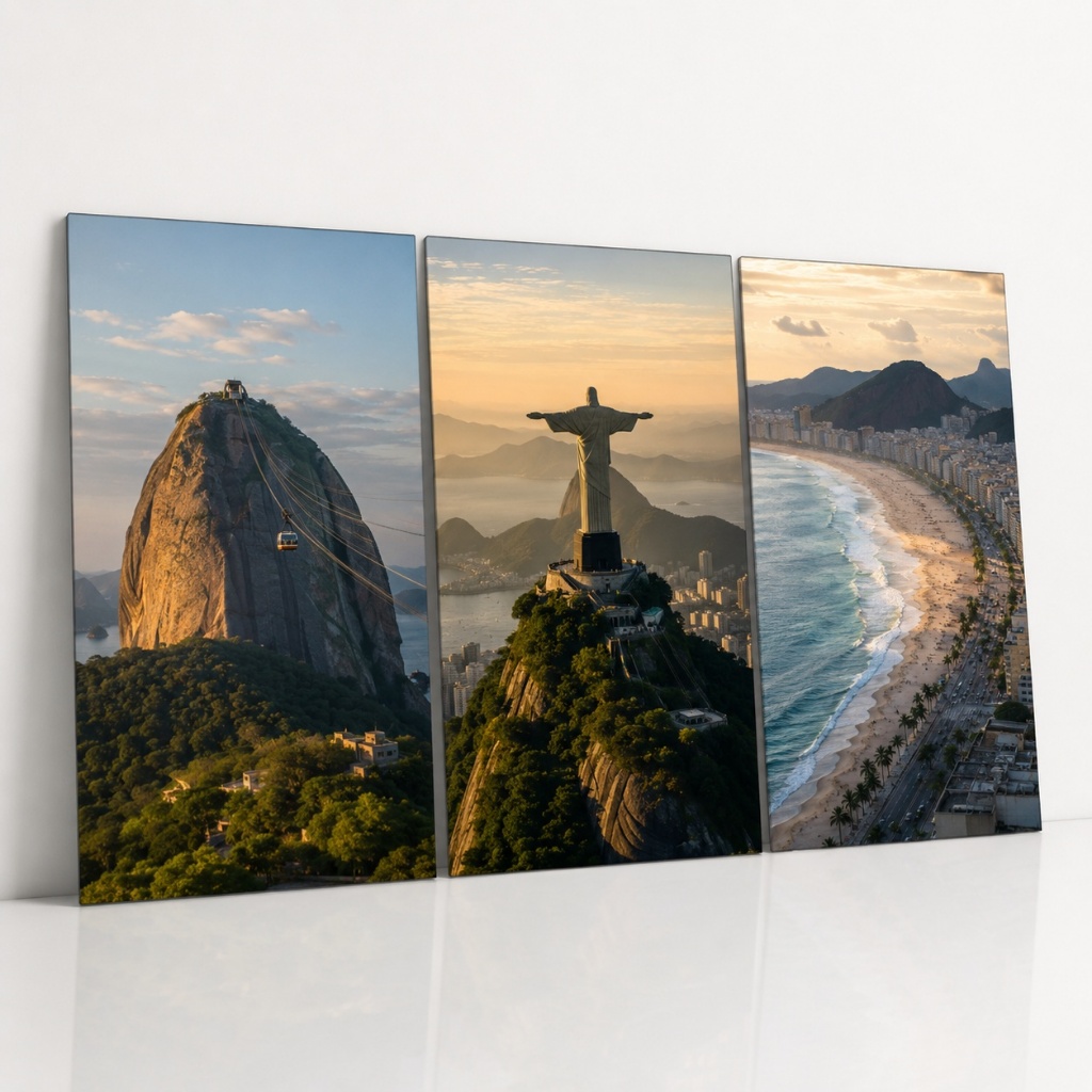 Kit 3 Quadros Decorativos Rio de Janeiro Cristo Redentor Pão de Açúcar Praia Copacabana Sala Quarto Premium