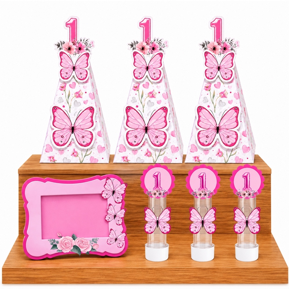Kit Lembrancinhas Caixinhas Tubete e Porta Retrato Jardim Das Borboletas rosa 15 Un
