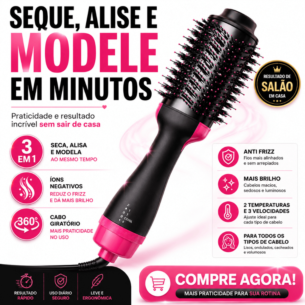 Escova Secadora Alisadora 3 Em 1 Profissional 110V Anti Frizz Seca Alisa Modela Com Íons Negativos