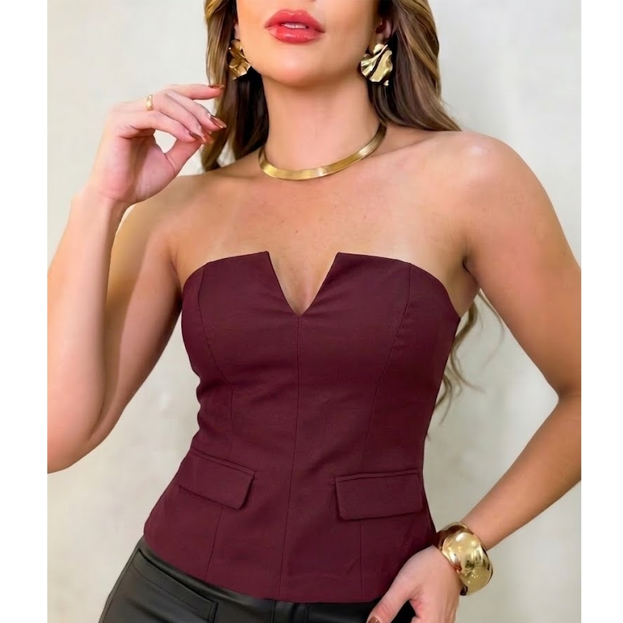 Corset Corpete Feminino Tomara Que Caia Alfaiataria Decote V Elegante com Lapelas Frontais e Lastex nas Costas Blusa Cro