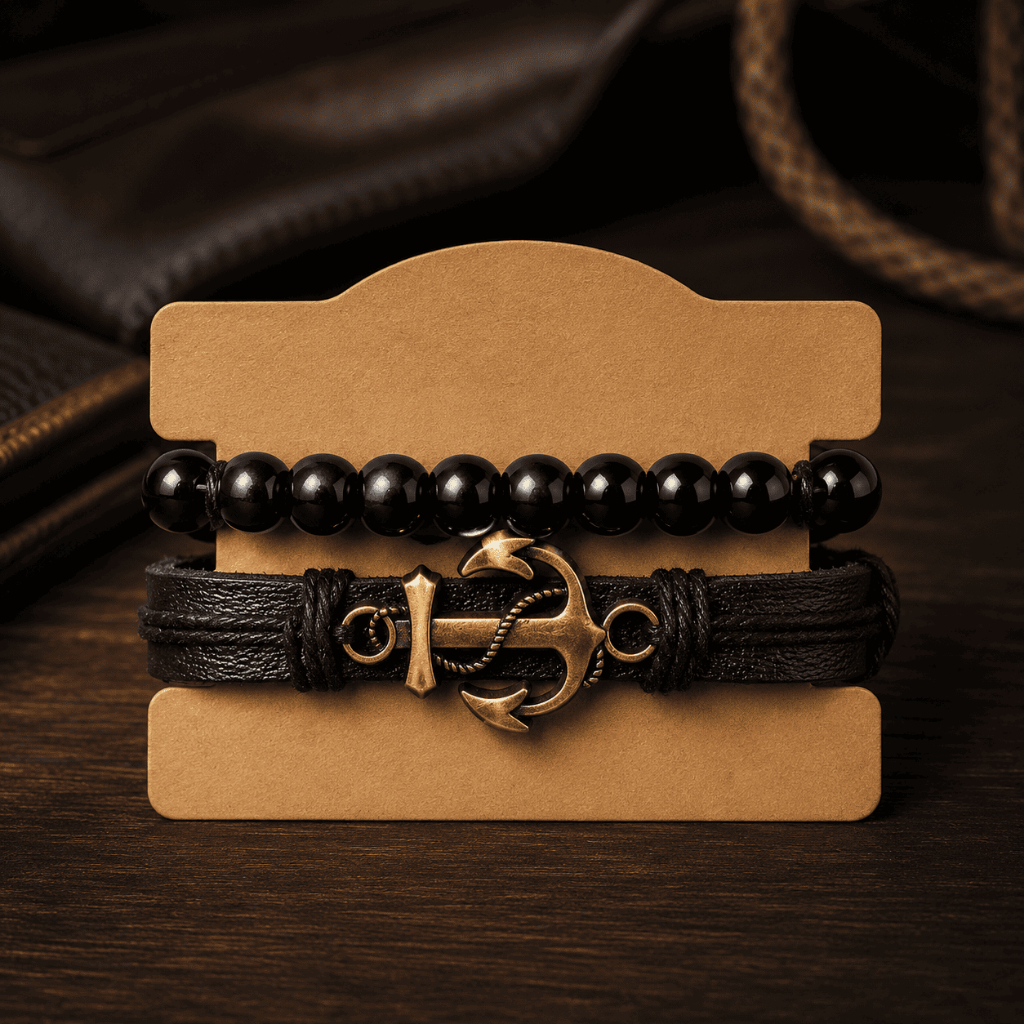 Kit Pulseiras Masculinas Âncora Náutica Couro Preto e Contas Pretas Ajustável