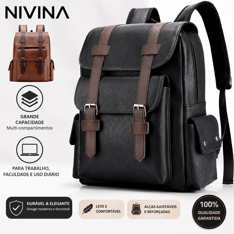 Mochila Masculina Notebook 15.6" Grande Capacidade Executiva para Trabalho - Couro PU, Viagem e Lazer, Confortável