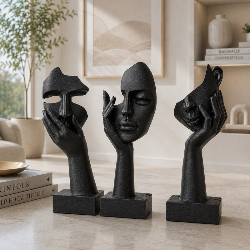 Kit 3 Escultura Decorativa Mini Rosto Abstrato Moderna Luxo Sala Quarto Escritório Presente Premium