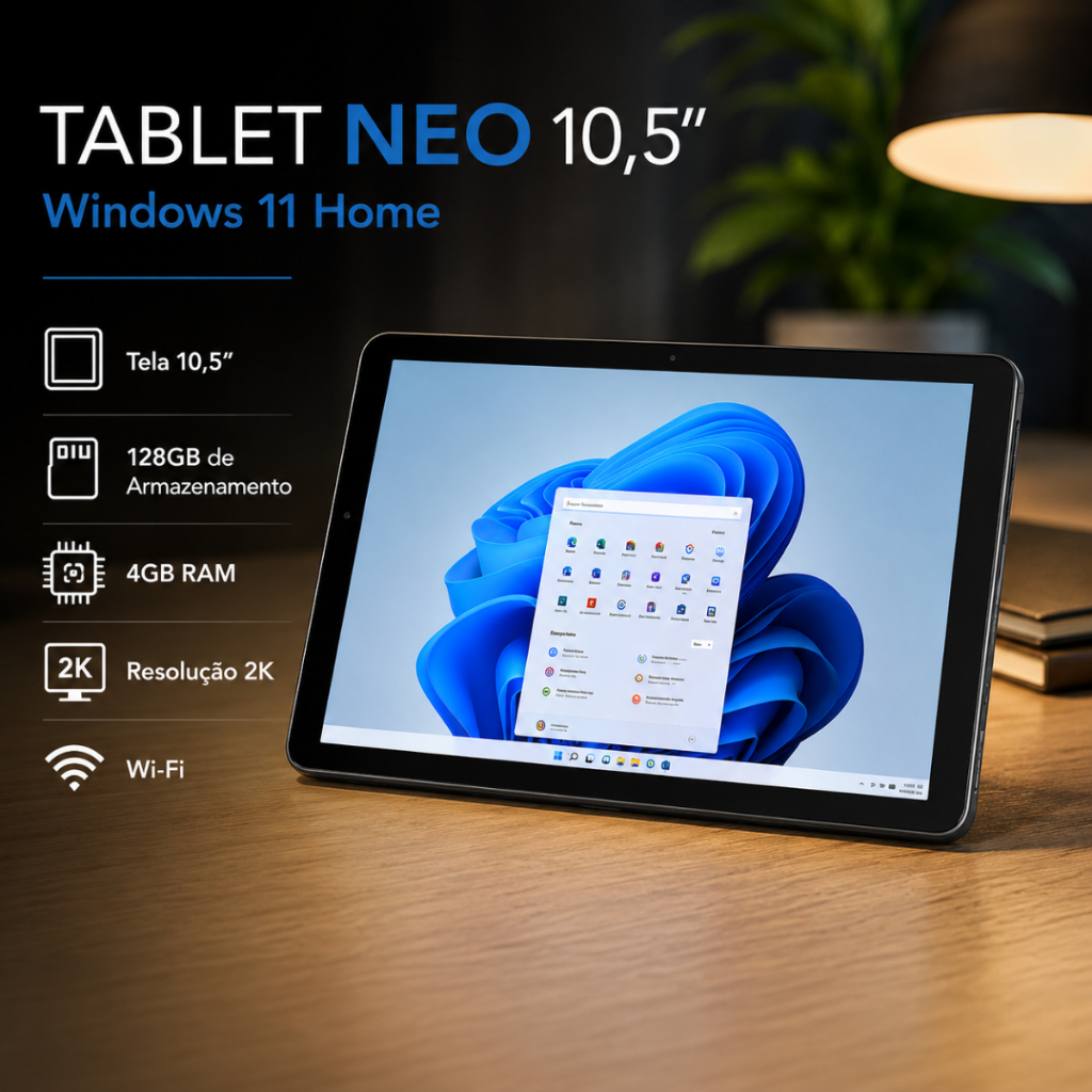 Tablet NEO 10,5 Windows 11 Intel 128GB Tela 2K IPS WiFi Para Estudar e Trabalhar