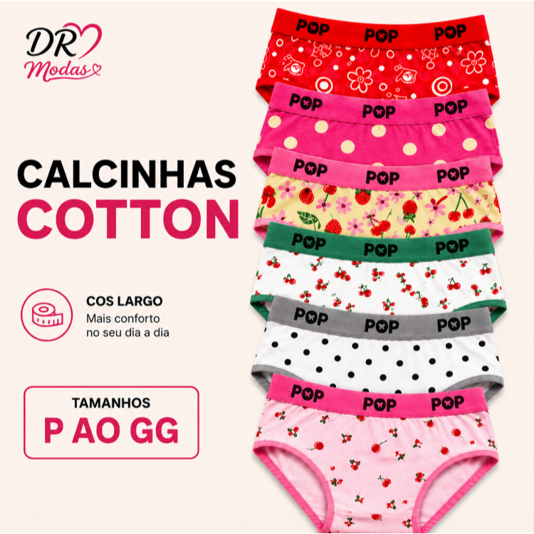 Calcinha Cotton Feminina Estampada  Cós Largo Confortável Forro 100% Algodão P ao GG Cores Sortidas