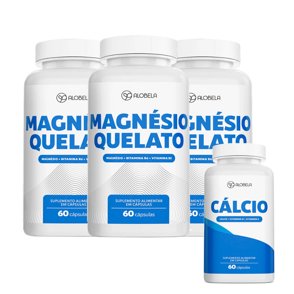 Kit 3 Magnésios Quelato Alobela 60 Cápsulas + 1 Cálcio 60 Cápsulas