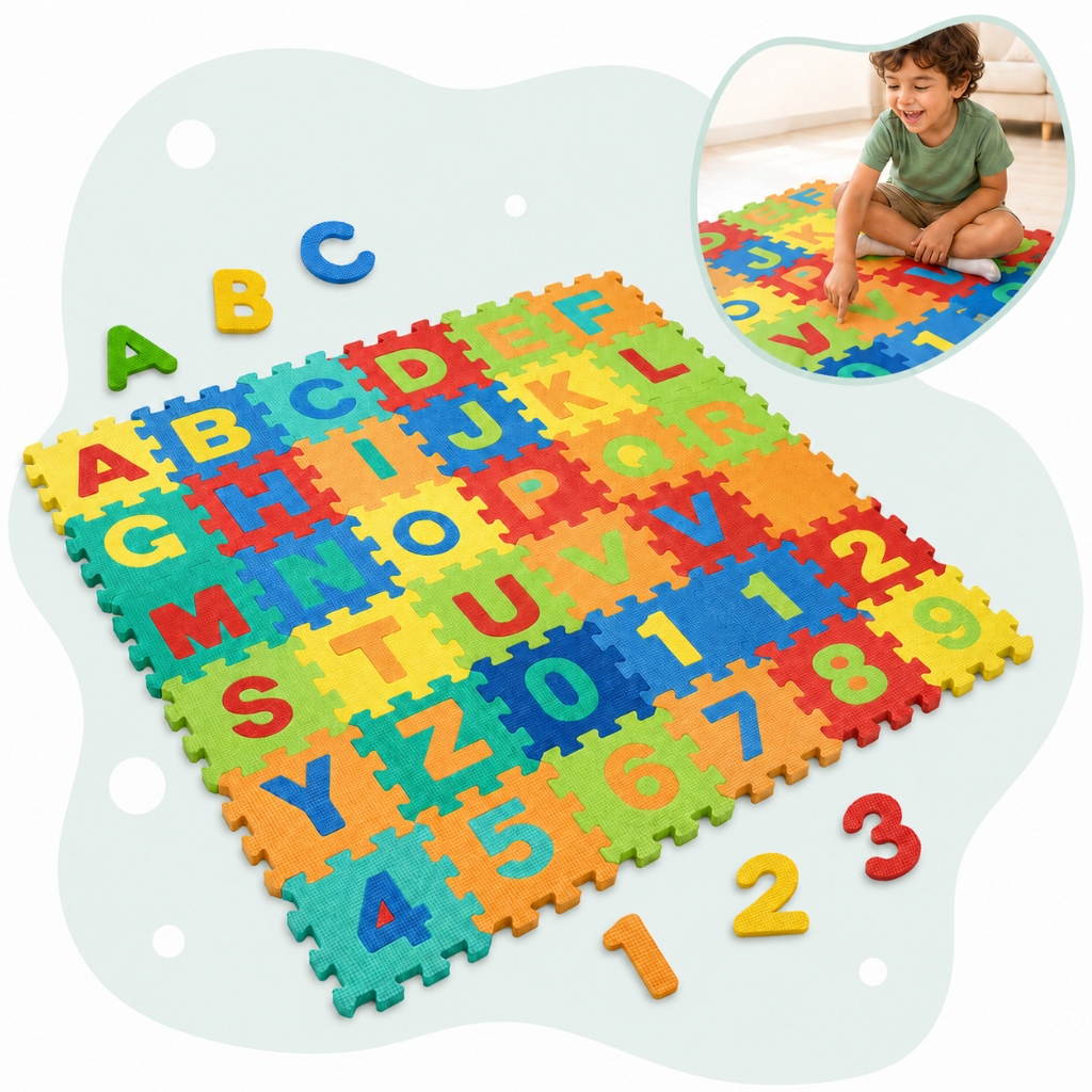 Tapete Infantil Bebê Seguro Lavável EVA 36 Peças Educativo Alfabeto Letras Números Tatame Kizumba