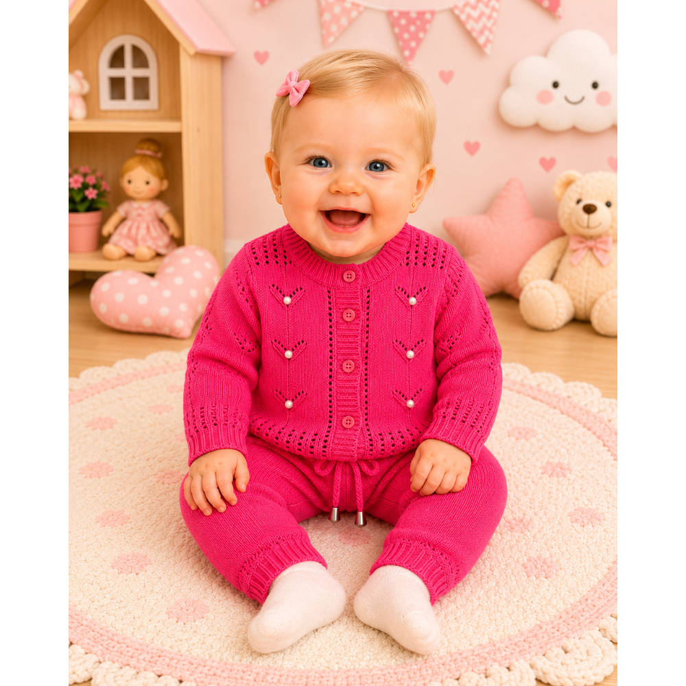 Conjunto Bebê Menina Tricô Infantil Quentinho Casaco e Calça para Frio Inverno
