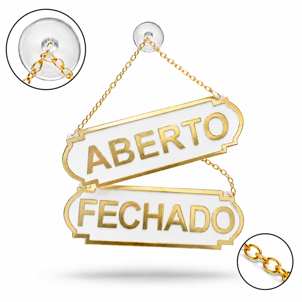 Placa Aberto Fechado Acrilico Para Porta Com Ventosa Dourado