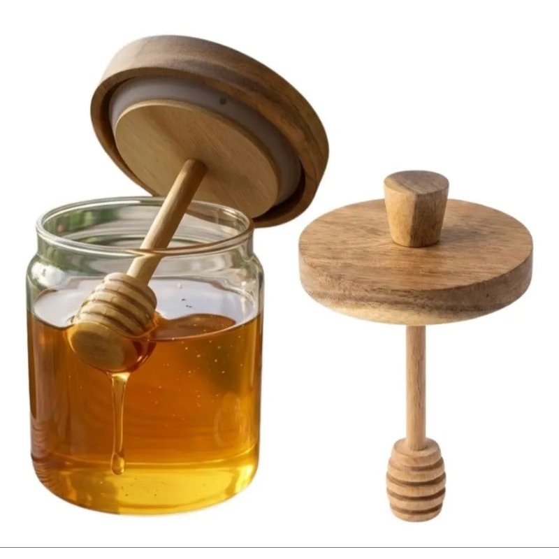 Meleira de Vidro 500ml com Tampa de Madeira e Mexedor Pote para Mel com Vedação Frasco