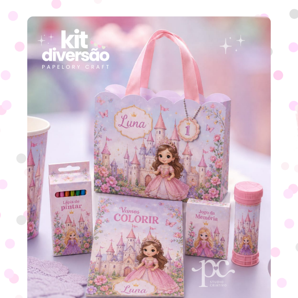 Kit Lembrancinha de Festa Infantil Personalizada - Colorir - Kit Diversão - Luxo - Tema Princesas