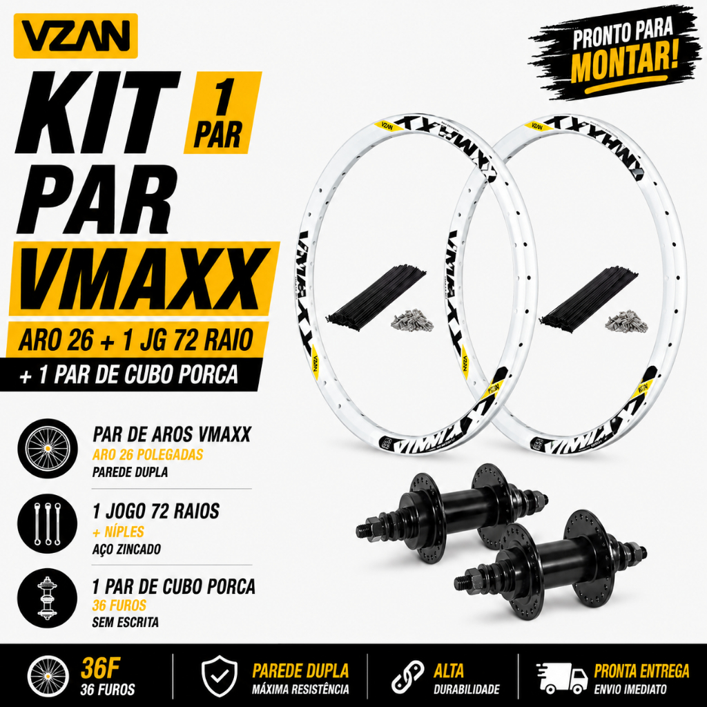 Par 2 Aro Vzan Vmaxx Branco Aro 26 Reforçado SL Paredão Freio A Disco + Raios Pretos + Cubos Aço 36F