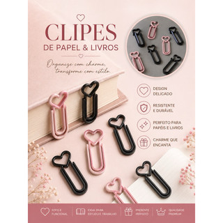 Kit Clipes Decorativos Coração para Agenda, Lembrança, Enfeite, Papelaria, Marca Páginas, Lembranças