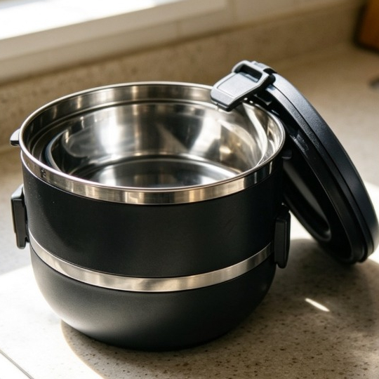 Marmita Dupla Inox Lunch Box 2 Compartimentos Vedação 1,4 L Mantém a Temperatura Por Algum Tempo