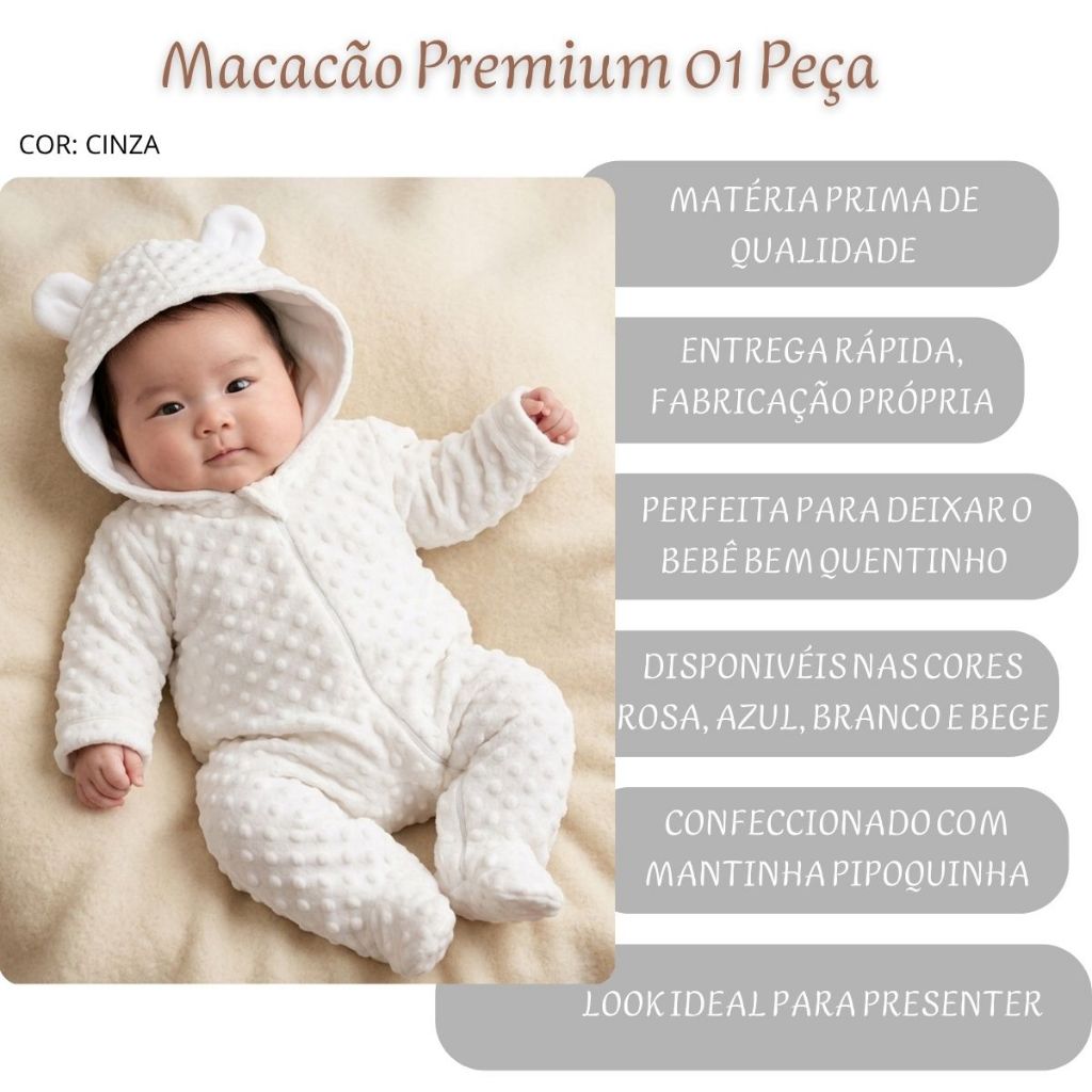 Detalhes do Macacão Bebê Soft Pelúcia Pipoquinha Com Capuz E Zíper Urso Inverno Fleece Quentinho Roupa De Frio
