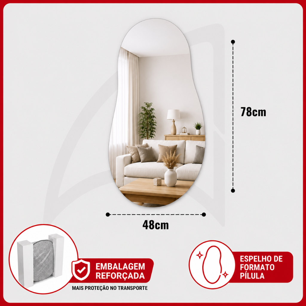 Espelho Oval Premium Decorativo 48 x 78 cm Pílula Banheiro Quarto Sala Grande Moderno