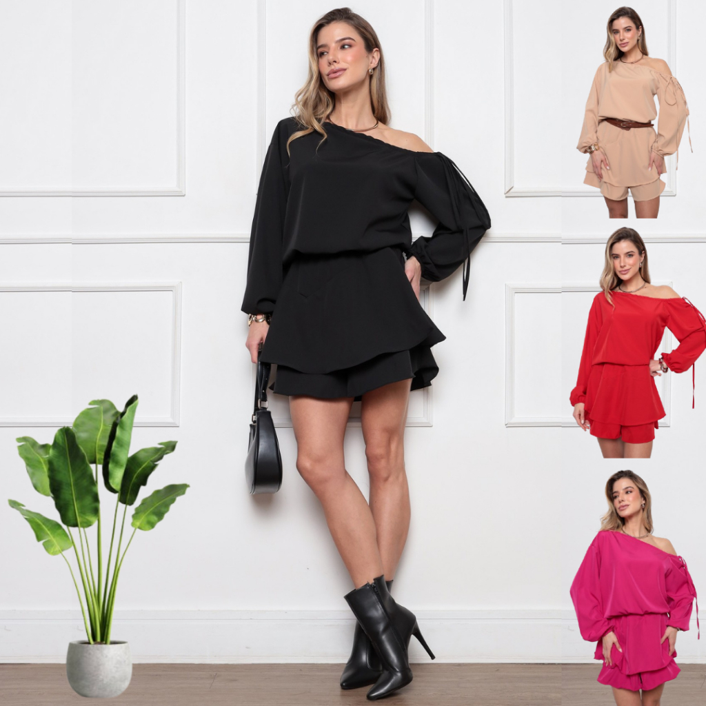 Vestido Curto Casual Feminino com Gola Assimétrica, Manga Balão e Bainha Franzida Conjunto Casual Feminino para Brunch