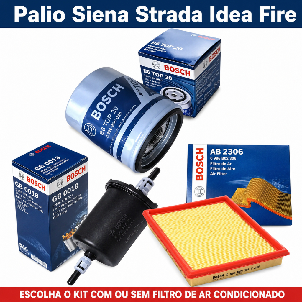 Kit Filtros Palio Siena Strada Fire 2000 a 2017 Ar Oleo Combustível Cabine Bosch