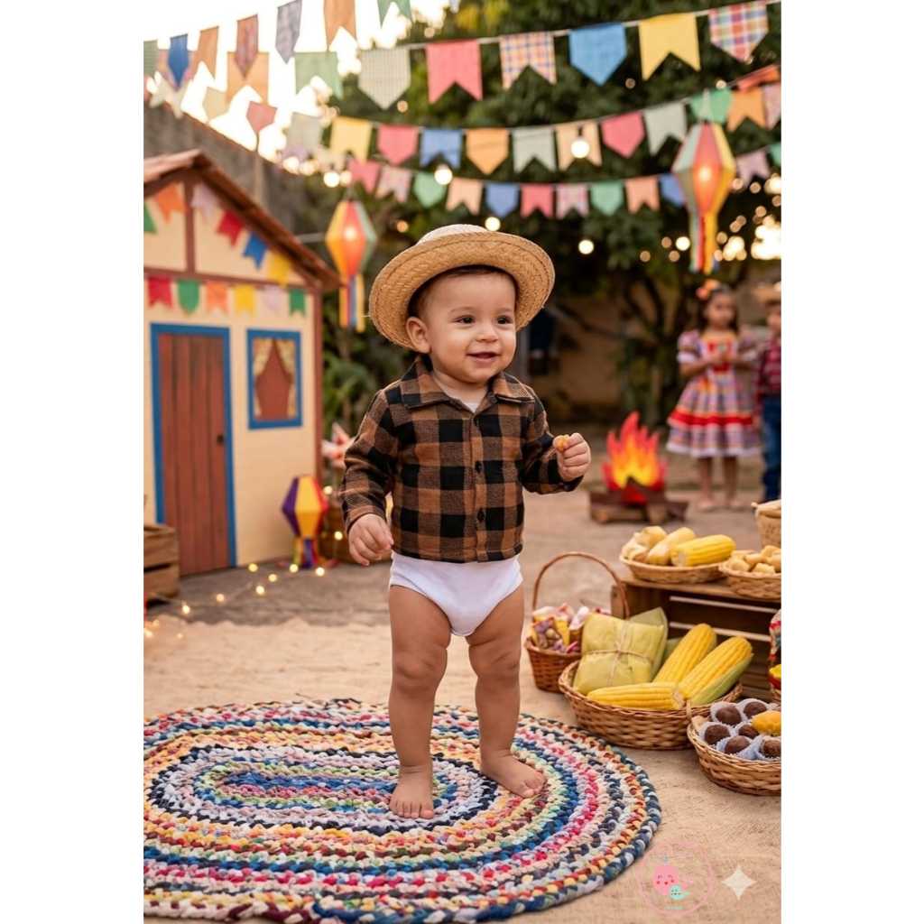Body Bebê Festa Junina  Caipira Bebê Country Xadrez Marrom Com Chapéu