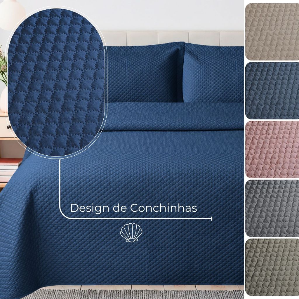 Kit Colcha Cobre Leito Casal Lisa 2,20x2,40 3 Pçs Dupla Face Com Porta Travesseiro Matelado Habitat