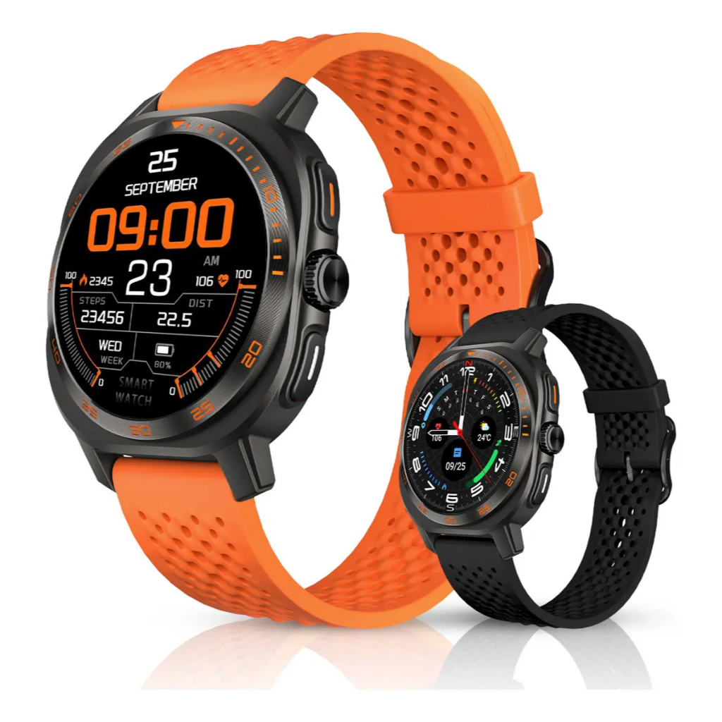 Aurafit Smartwatch AM32 | Tela AMOLED 1,43", Resistente à Água 3ATM, Caixa e Bisel Pretos com Pulseira Laranja Esportiva