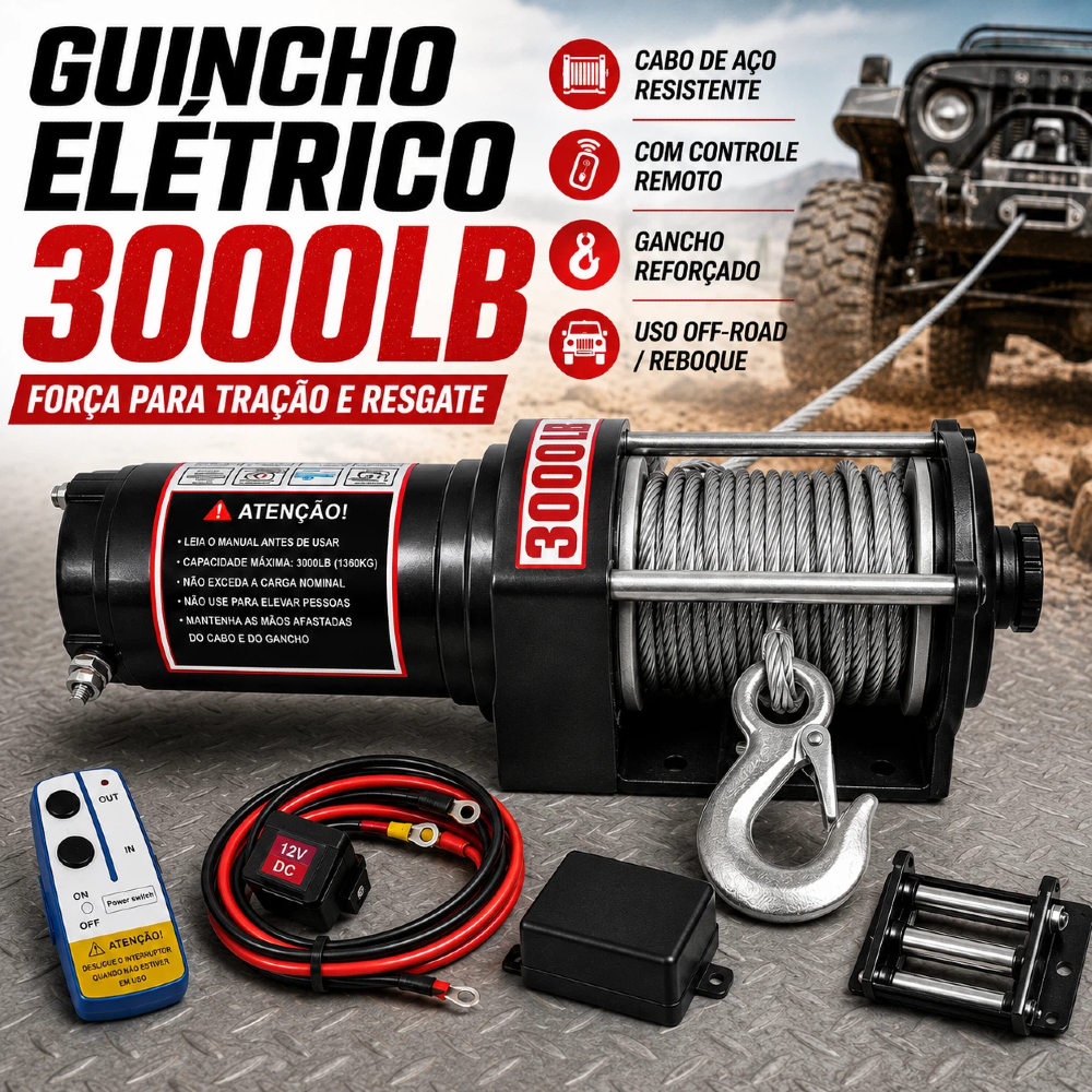Guincho Elétrico 12V 3000lbs (1361kg)  Sem Fio para Quadriciclo, Jipe, Gaiola e Barco - Controle Remoto