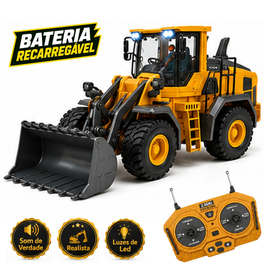 Trator de Controle Remoto Grande Recarregavel 9 Funções Pá Carregadeira