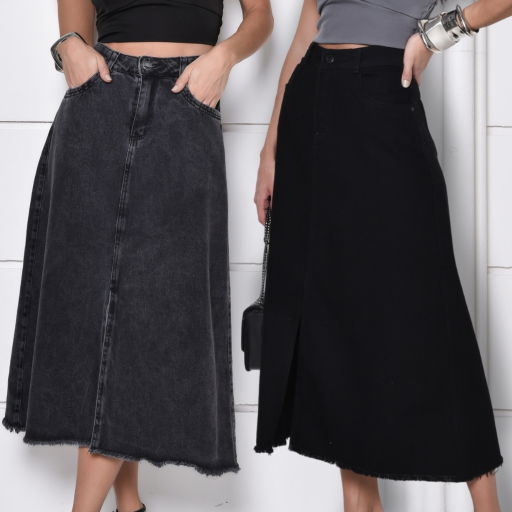 Saia Jeans Evasê Feminina Midi Barra Desfiada