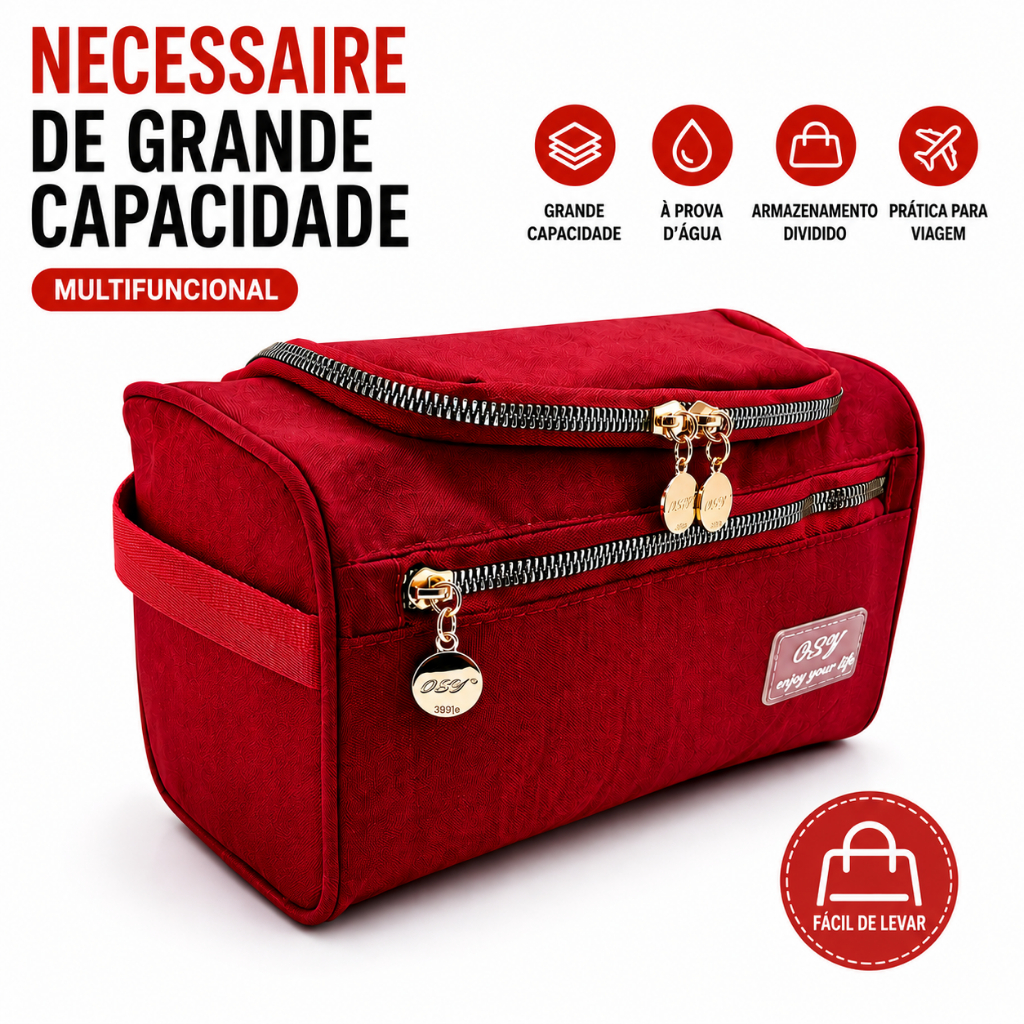 Necessaire Feminina Grande de Viagem Luxo ou Nylon - Bolsa Organizadora de Maquiagem Impermeável Multicamadas 22cm