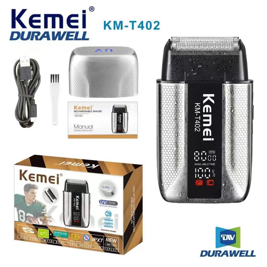 Barbeador Elétrico Kemei KM-T402 Profissional Sem Fio Recarregável À Prova D'Água IPX7 LCD