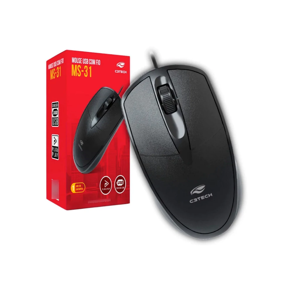 Mouse Usb Com Fio C3tech Ms-31bk 3 Botões Preto Pc Notebook