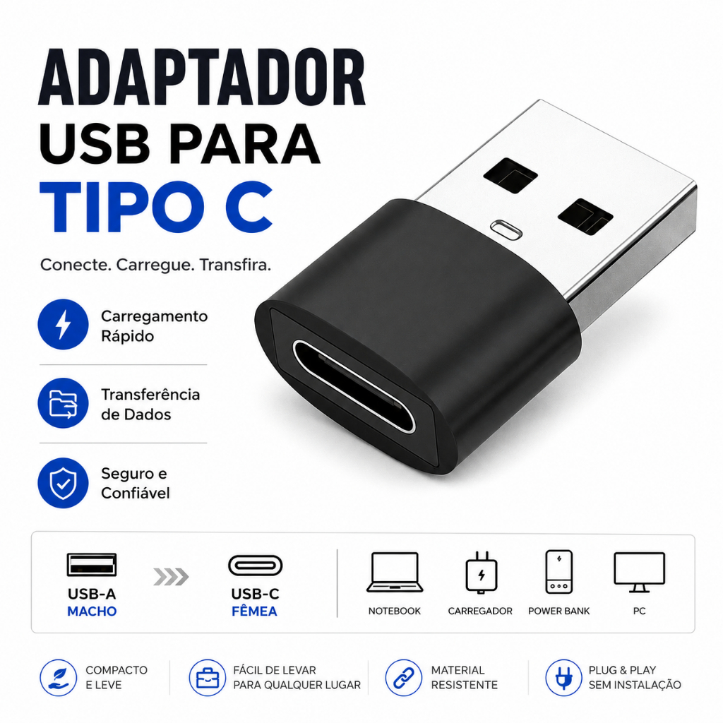 Adaptador OTG Tipo C para USB Compatível com Celular, Tablet e Notebook
