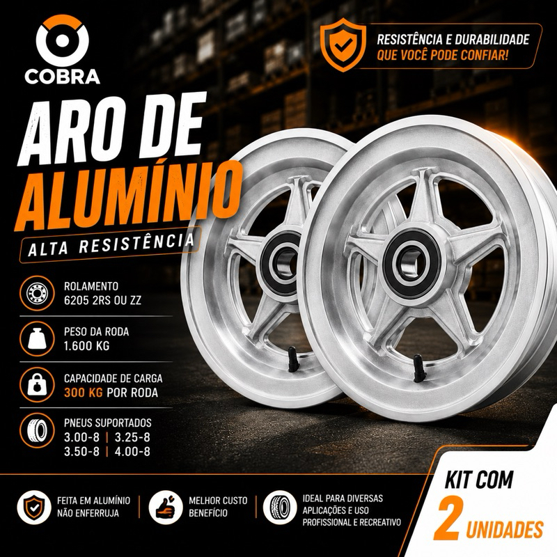 kit 2 Roda Aro 8 de aluminio com rolamento 6205 300kg carretinha moto para pneu 3.50-8, 400-8 Cobra