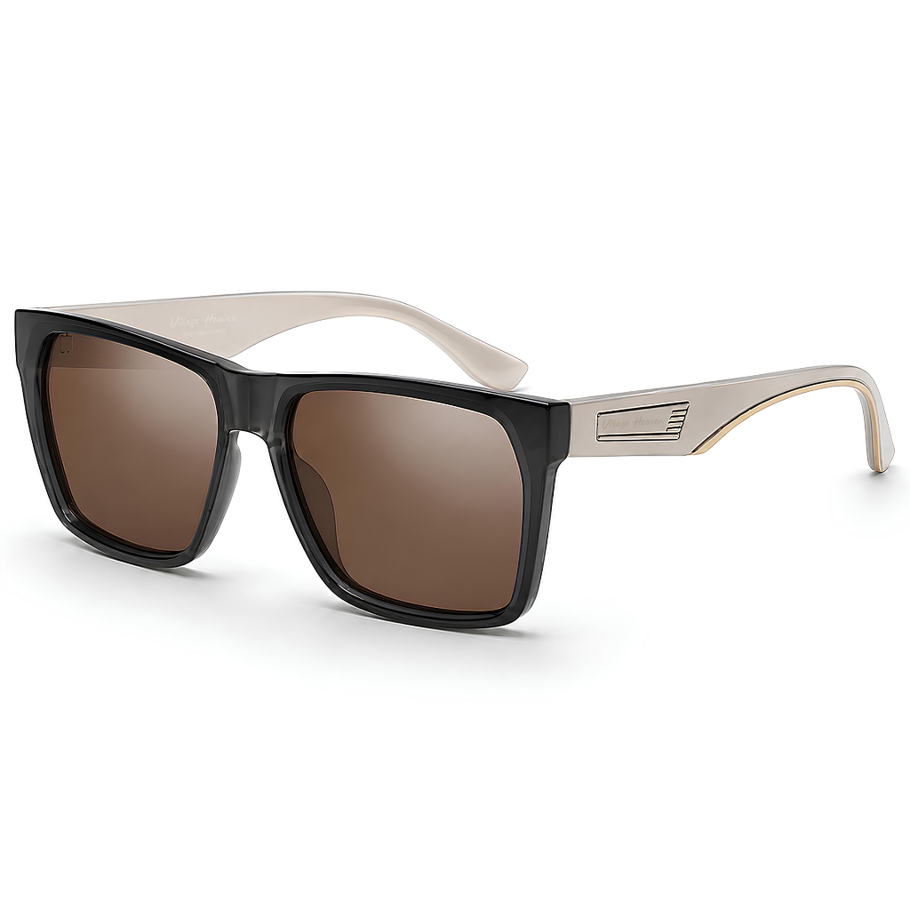 Óculos de Sol Masculino Polarizado Proteção UV400 Quadrado Lente Marrom Haste Bege Armação Preto Fosco VH 1415