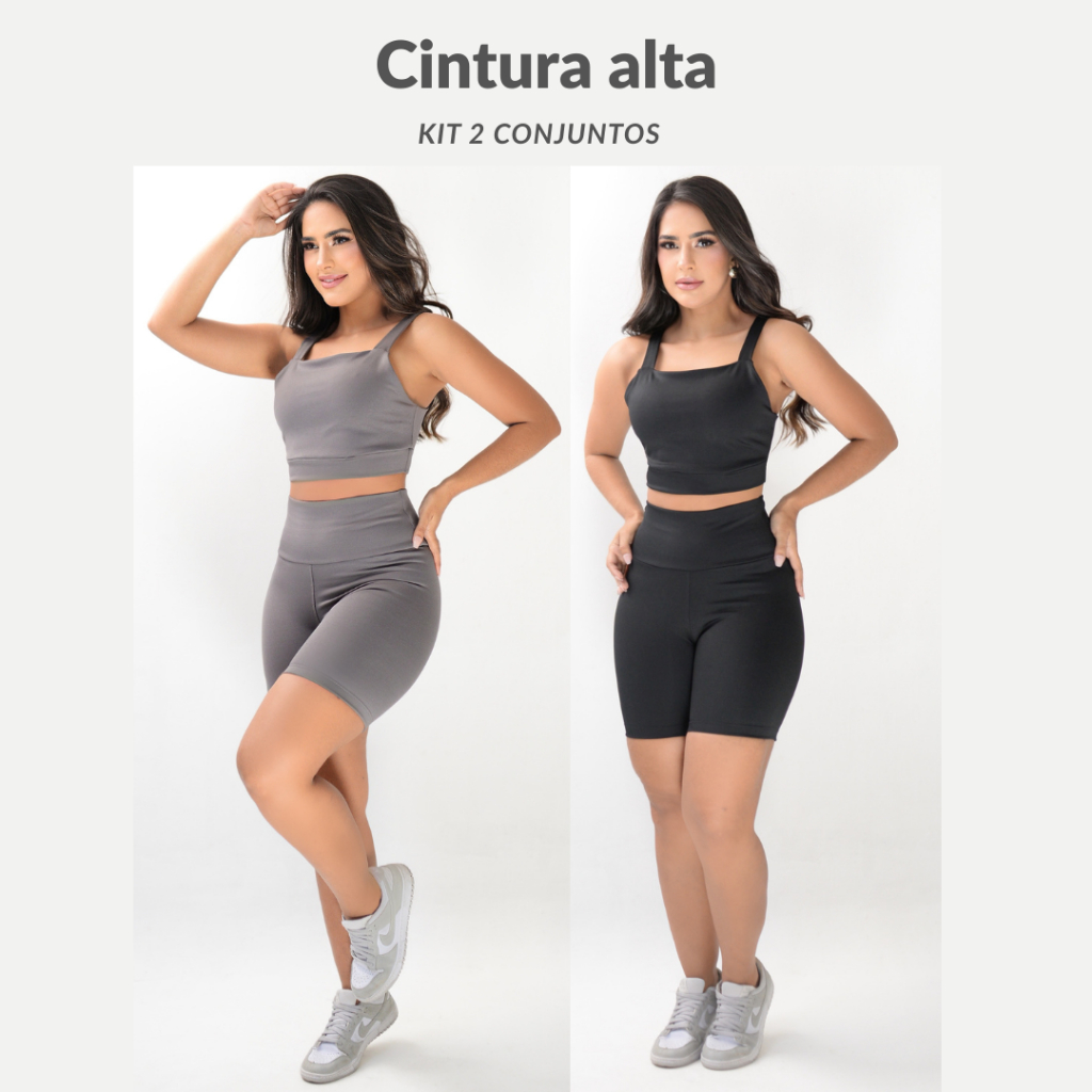 KIT 2 CONJUNTOS SHORT  E TOP FITNESS  FEMININO CINTURA ALTA ALTA COMPRESSÃO SUPLEX MODELADOR ZERO TRANSPARÊNCIA