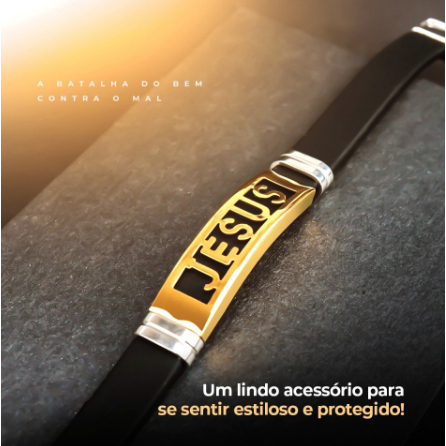 Pulseira masculina Dourada Jesus em aço Borracha Resistente — imagem 2 de 2