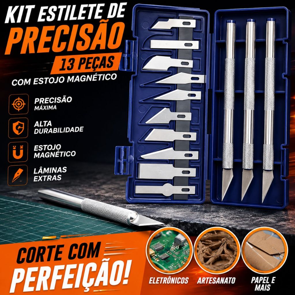 Kit Estilete Bisturi de Precisão 13 Peças Tipo Bisturi com Estojo Magnético Artesanato Artesão Modelismo Aeromodelismo