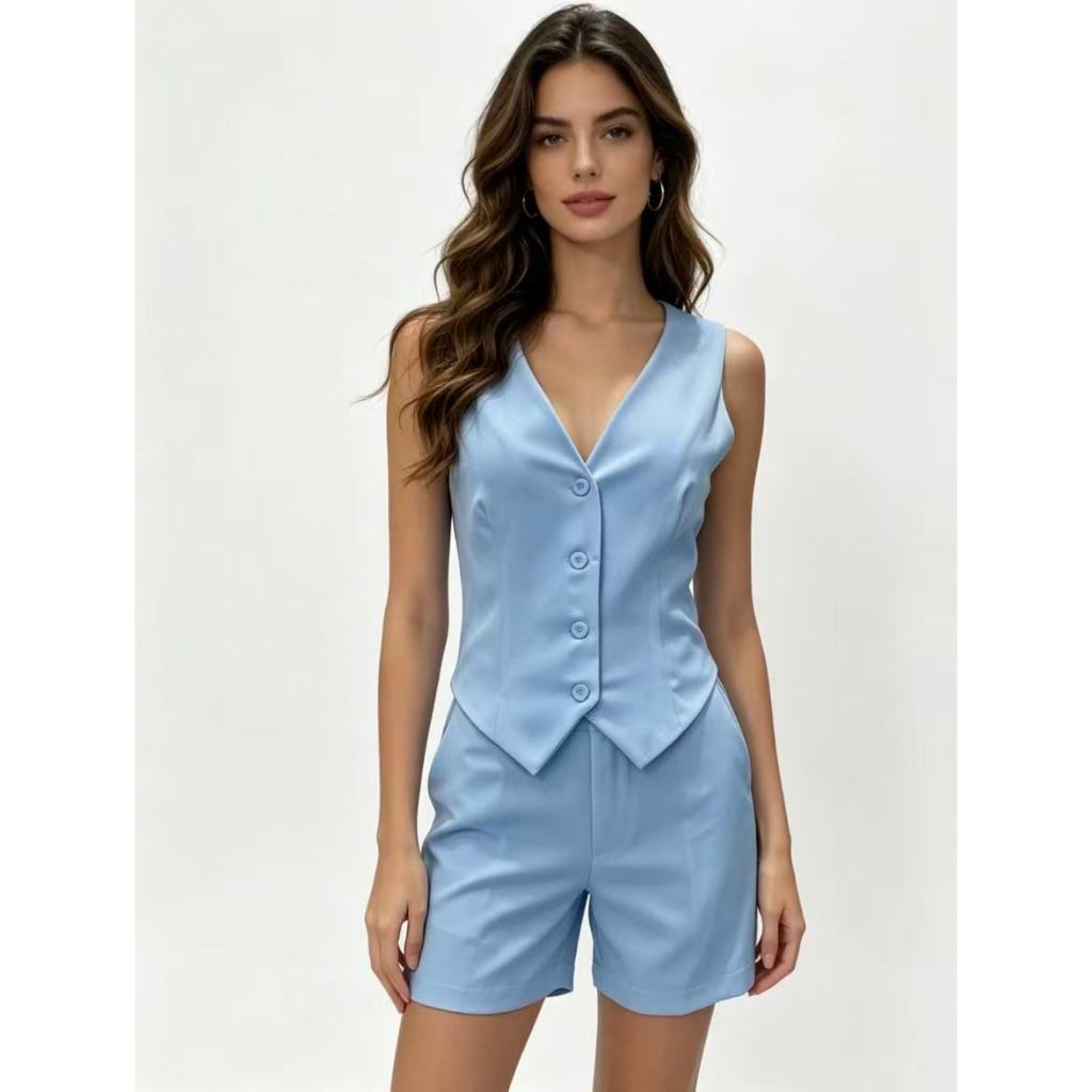 Conjunto Louis Twill Feminino de Verão Colete Sem Manga com Shorts Elegante Casual
