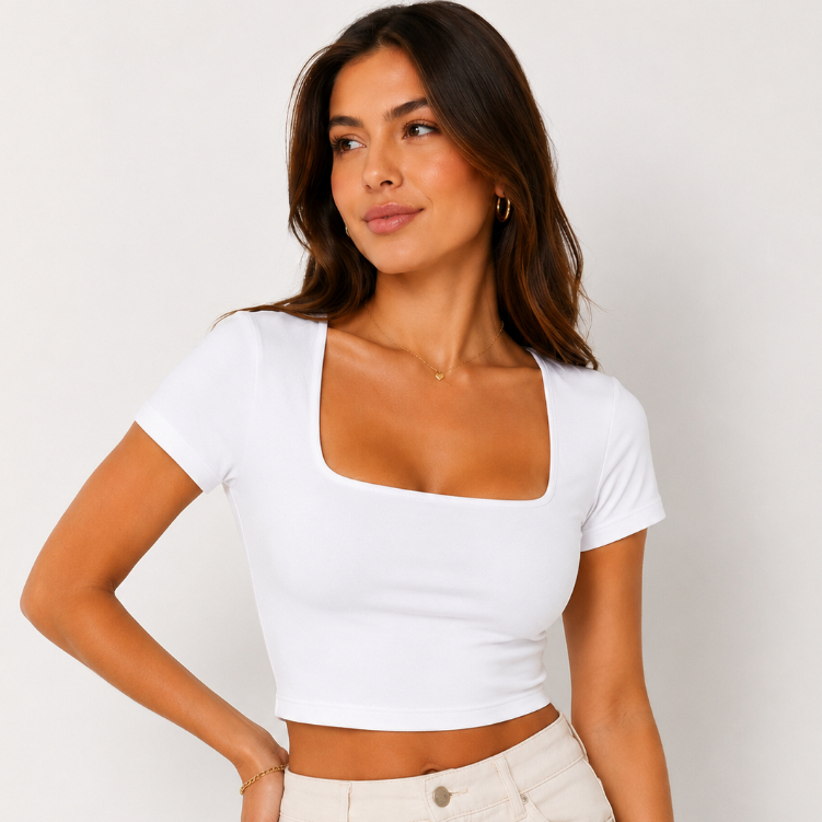 Blusinha Feminina Decote Quadrado Cropped Manga Curta Tendência Blogueira Confortável Estilosa