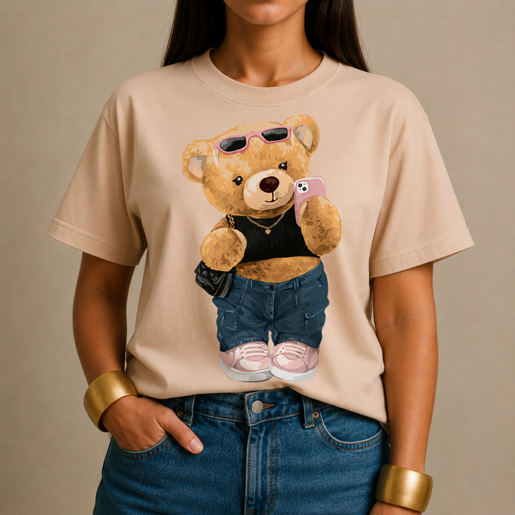 Camiseta Feminina T shirt Urso Estampa Premium Algodão Casual Confortavel Tendencia