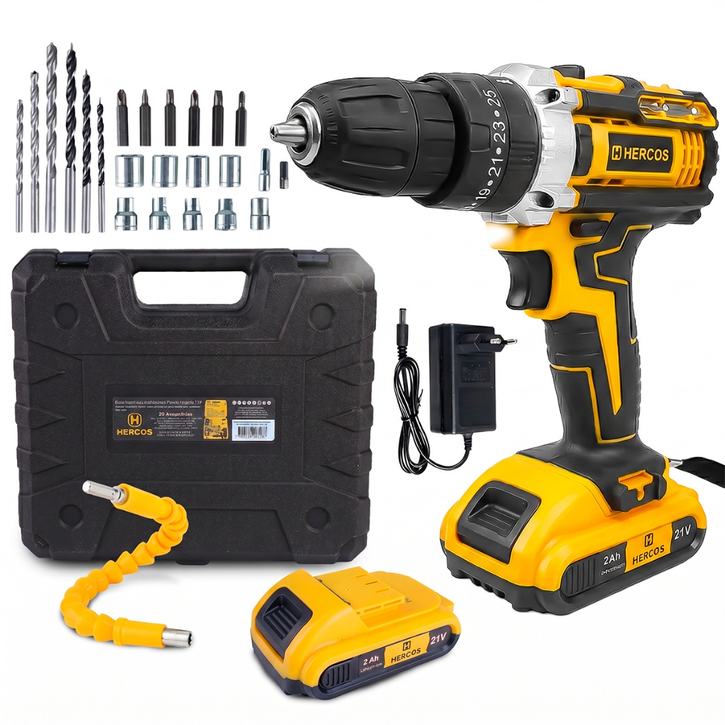 Parafusadeira Furadeira Impacto 21v Bivolt 2 Baterias Kit Maleta Acessórios Recarregável Hercos