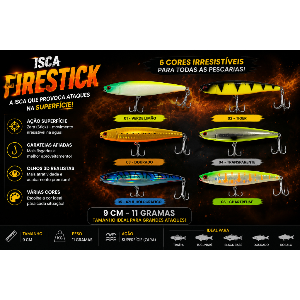 Isca Firestick 9cm Intergreen 11gr Garatéias VMC Várias Cores Superficie