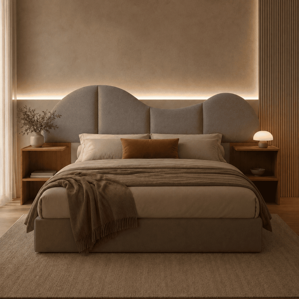 Cabeceira de Cama Casal Queen Modulada Estofado com Mesa de Cabeceira MDF