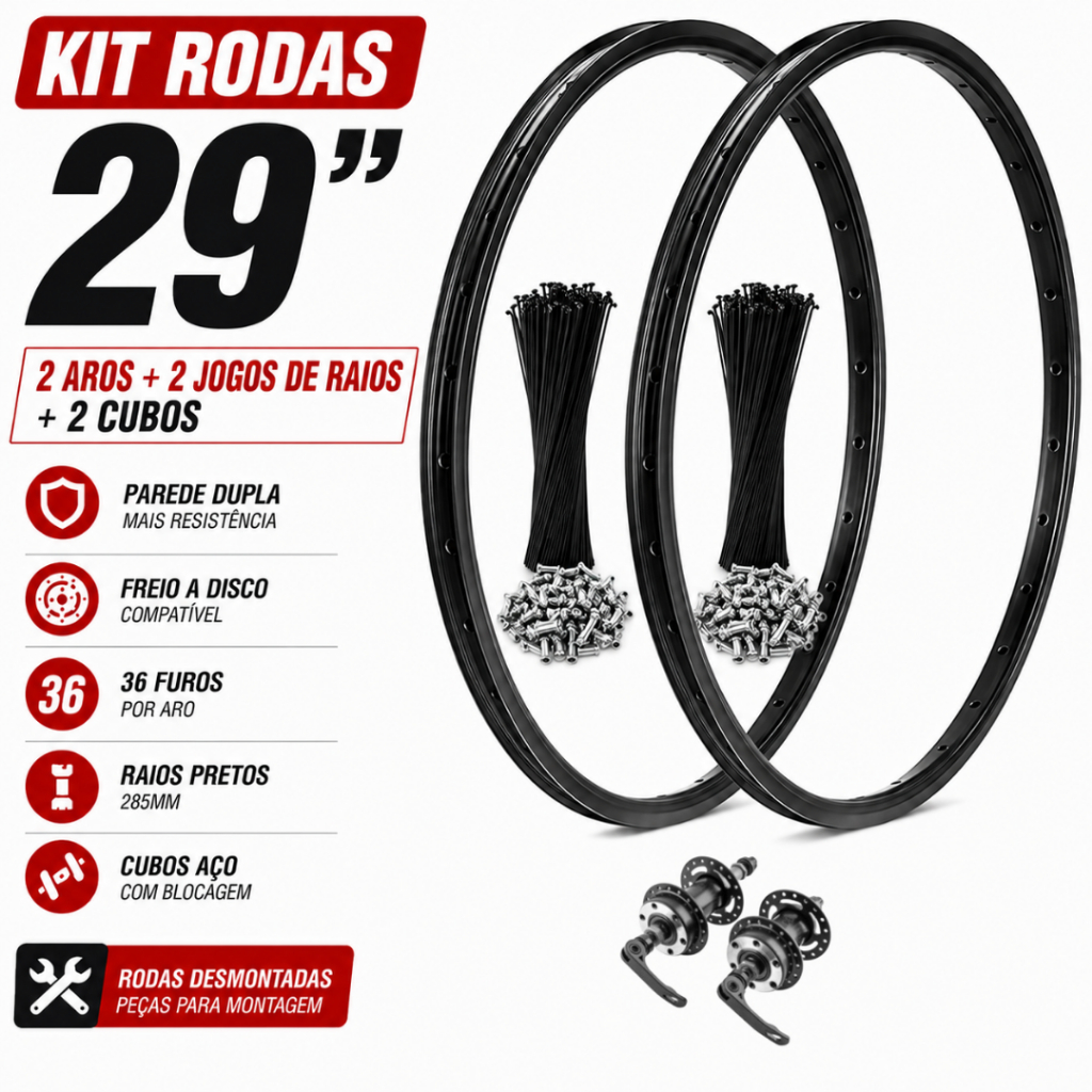 Par Aro 29 Rimaxx Aero 36 Furos + 72 Raios Preto 285mm + Cubos Disco Blocagem MTB Parede Dupla