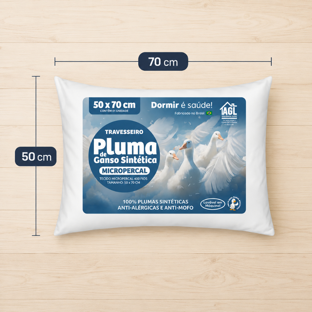 Travesseiro Pluma de Ganso Sintético Anti Alergico Anti Mofo Micropercal 400 Fios 50x70cm