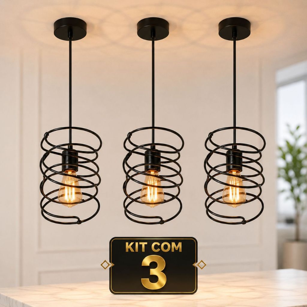 Kit Com 3 Lustres Pendente Argola Industrial Aramado Para Bancada Ilha Gourmet