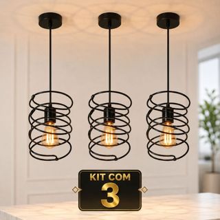 Kit Com 3 Lustres Pendente Argola Industrial Aramado Para Bancada Ilha Gourmet