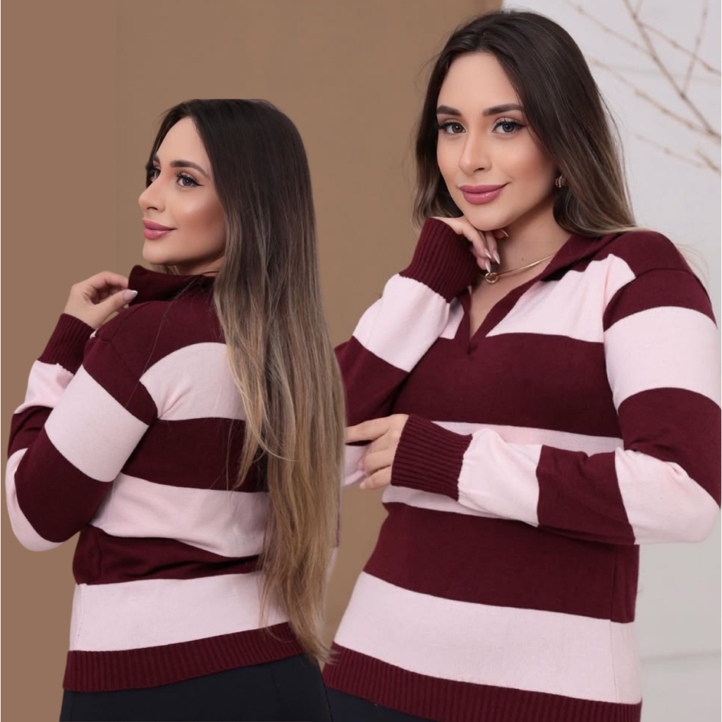 Blusa Gola Polo Listrada Feminina Tricot Modal Frio Suéter Inverno Manga longa