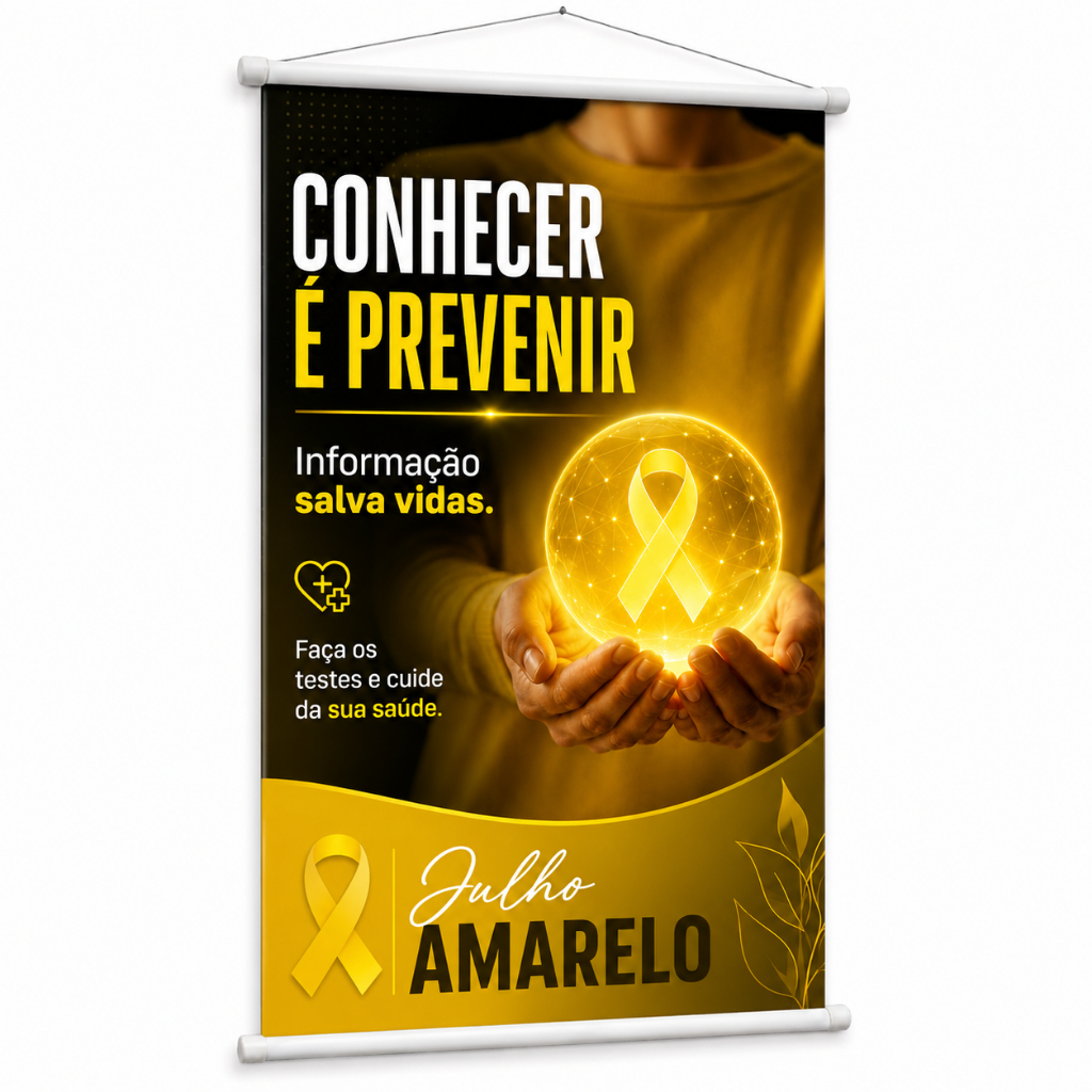 Banner Julho Amarelo Campanha Hepatites Virais Saúde produzido em lona. Cartaz para Hospital Clinica Consultório Pub1058
