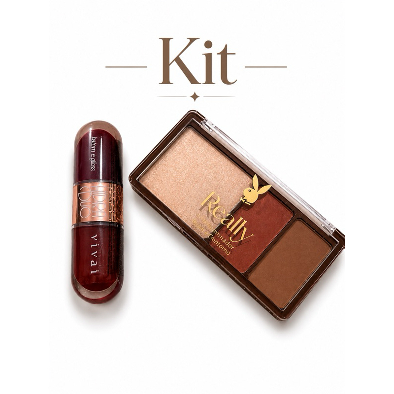 kit maquiagem paleta mais golss/batom 2 em 1 iluminador, blush, contorno